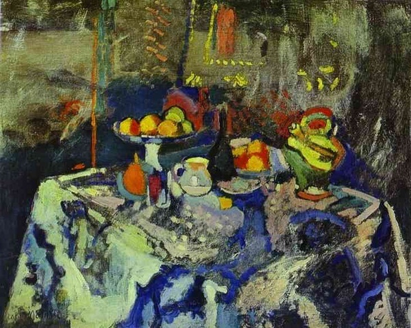 Каземир Малевич :: Натюрморт с вазой, бутылкой и фруктами. 1903-6.